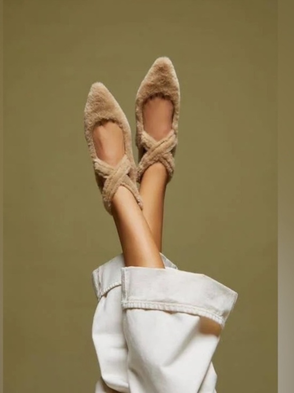 Free People Flats Faux Fur Shearling Parisa Pointed Tan Fuzzy in Almond Butter